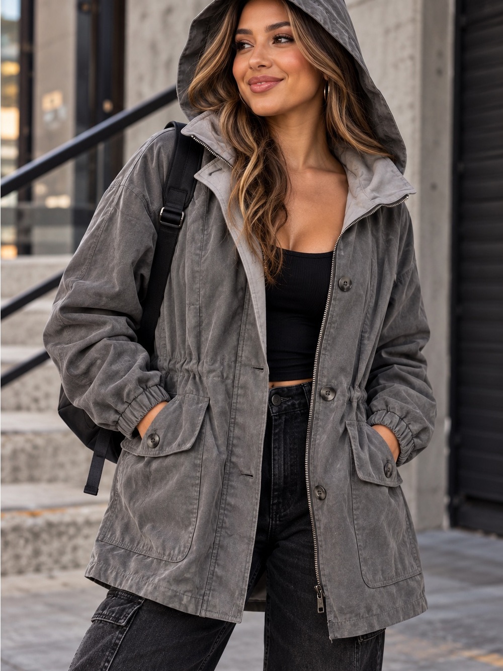 Gallery Women’s Medium Gray Hooded Utility Parka Jacket Lightweight Coat